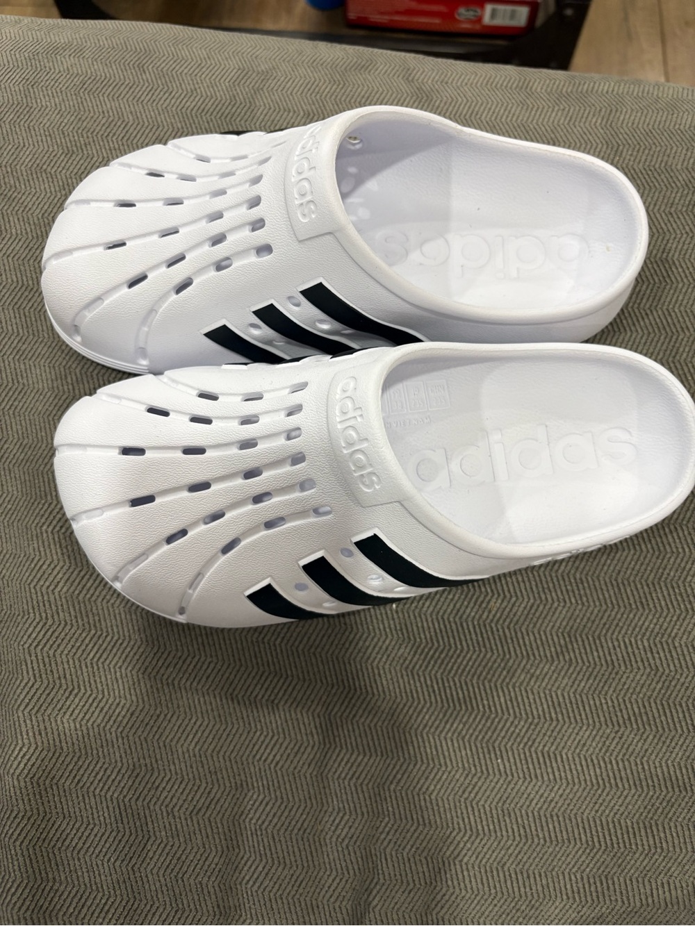adidas White Slip-On Clogs with Black Three-Stripes